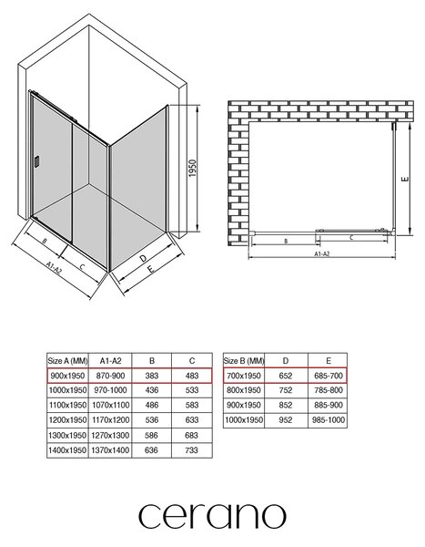 CERANO - Sprchovací kút Varone LINE Ľ/P - 6 mm - čierna matná, transparentné sklo - 90x70x195 cm - posuvný