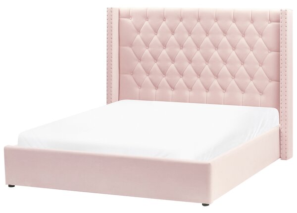 Posteľ s úložným priestorom ružová zamatové čalúnenie 160 x 200 cm prešívané čelo lamelový rošt glamour dizajn