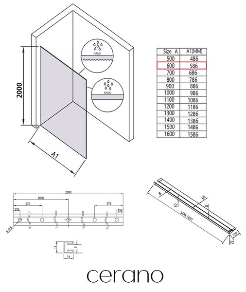 CERANO - Sprchová zástena Walk-in Crystal Ľ/P - 8 mm + polička / držiak na uteráky - bezvzperový systém - čierna matná, transparentné sklo - 60x200 cm