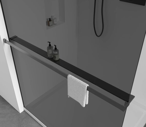 CERANO - Sprchová zástena Walk-in Crystal TL/P - 8 mm - bezvzperový systém + polička/držiak na uteráky - čierna matná, grafitové sklo - 80x60x200 cm