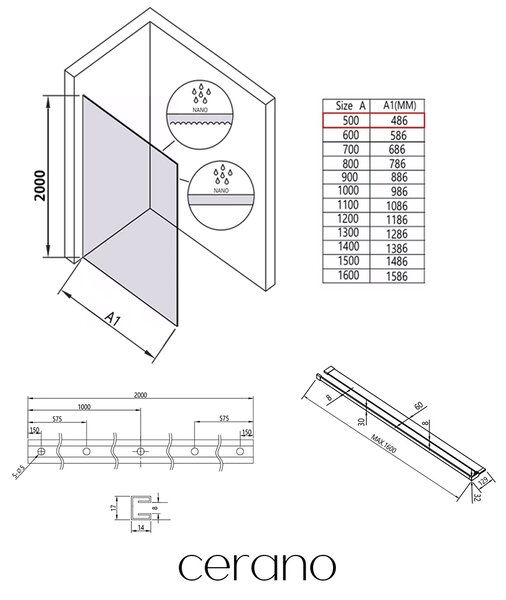 CERANO - Sprchová zástena Walk-in Crystal Ľ/P - 8 mm + polička/držiak na uteráky - bezvzperový systém - chróm, ryhované sklo - 50x200 cm