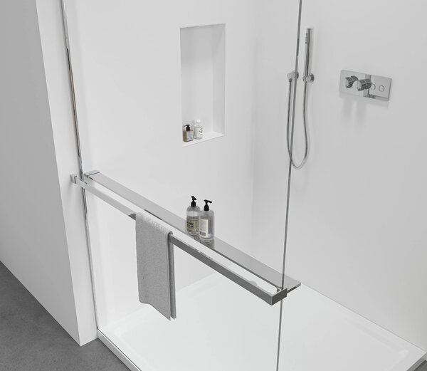 CERANO - Sprchová zástena Walk-in Crystal TL/P - 8 mm - bezvzperový systém + polička/držiak na uteráky - chróm, transparentné sklo - 50x50x200 cm