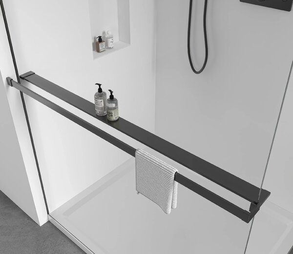 CERANO - Sprchová zástena Walk-in Crystal Ľ/P - 8 mm + polička / držiak na uteráky - bezvzperový systém - čierna matná, transparentné sklo - 60x200 cm