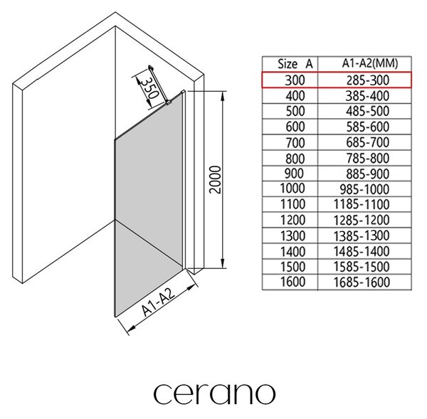 CERANO - Sprchová zástena Walk-in Onyx YL/P - 8 mm - guľatá vzpera - čierna matná, mliečne sklo - 30x200 cm