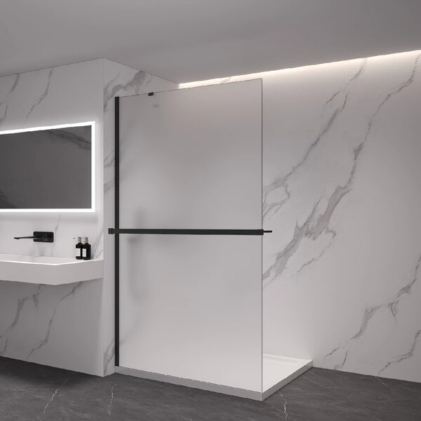 CERANO - Sprchová zástena Walk-in Onyx YL/P - 8 mm - guľatá vzpera + polička/držiak na uteráky - čierna matná, mliečne sklo - 30x200 cm