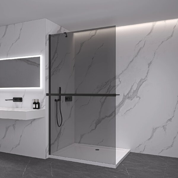 CERANO - Sprchová zástena Walk-in Onyx YL/P - 8 mm - okrúhla vzpera + polička/držiak na uteráky - čierna matná, grafitové sklo - 40x200 cm