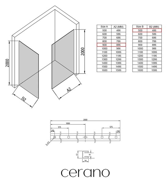 CERANO - Sprchová zástena Walk-in Crystal TL/P - 8 mm - bezvzperový systém - čierna matná, grafitové sklo - 90x50x200 cm