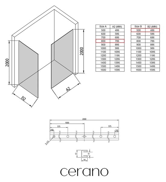 CERANO - Sprchová zástena Walk-in Crystal TL/P - 8 mm - bezvzperový systém - čierna matná, transparentné sklo - 80x50x200 cm