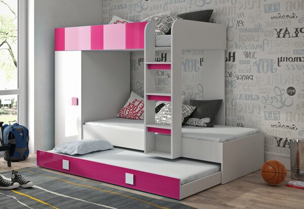 Detská poschodová posteľ LEON 2, 254,5x165x94,5, biela/ružová lesk, pravá