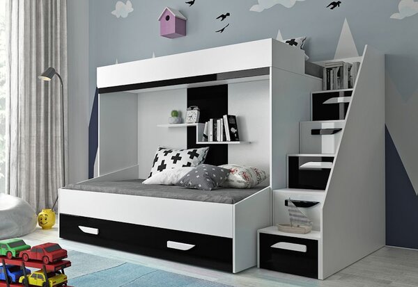 Detská poschodová posteľ AKTION 16, 247x165x135, čierna lesk / biela / biela lesk