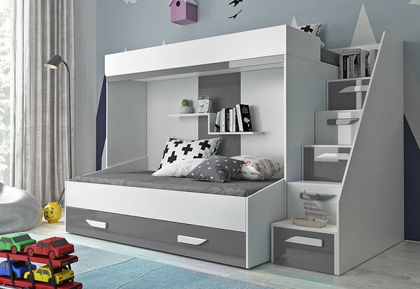 Detská poschodová posteľ AKTION 16, 247x165x135, šedá lesk / biela / biela lesk