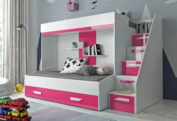 Detská poschodová posteľ PARTY 16, 247x165x135, ružová lesk / biela / biela lesk
