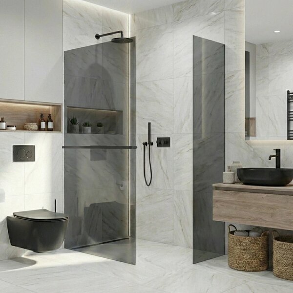 CERANO - Sprchová zástena Walk-in Crystal TL/P - 8 mm - bezvzperový systém + polička/držiak na uteráky - čierna matná, grafitové sklo - 80x60x200 cm