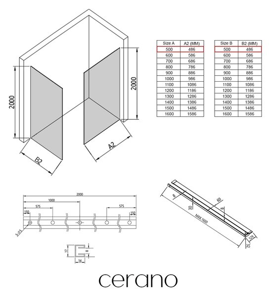 CERANO - Sprchová zástena Walk-in Crystal TL/P - 8 mm - bezvzperový systém + polička/držiak na uteráky - čierna matná, ryhované sklo - 50x50x200 cm