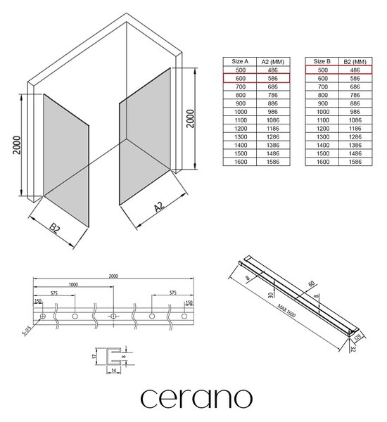 CERANO - Sprchová zástena Walk-in Crystal TL/P - 8 mm - bezvzperový systém + polička/držiak na uteráky - čierna matná, mliečne sklo - 60x50x200 cm