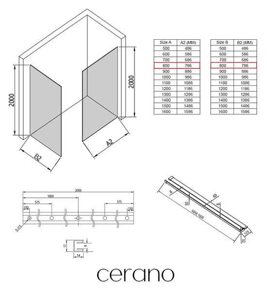 CERANO - Sprchová zástena Walk-in Crystal TL/P - 8 mm - bezvzperový systém + polička/držiak na uteráky - čierna matná, grafitové sklo - 80x80x200 cm