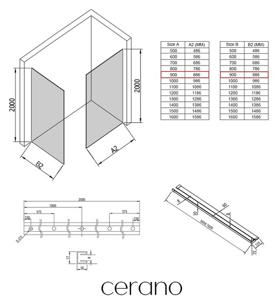 CERANO - Sprchová zástena Walk-in Crystal TL/P - 8 mm - bezvzperový systém + polička/držiak na uteráky - čierna matná, industriálne sklo - 90x90x200 …