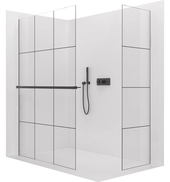 CERANO - Sprchová zástena Walk-in Crystal TL/P - 8 mm - bezvzperový systém + polička/držiak na uteráky - čierna matná, industriálne sklo - 90x90x200 …
