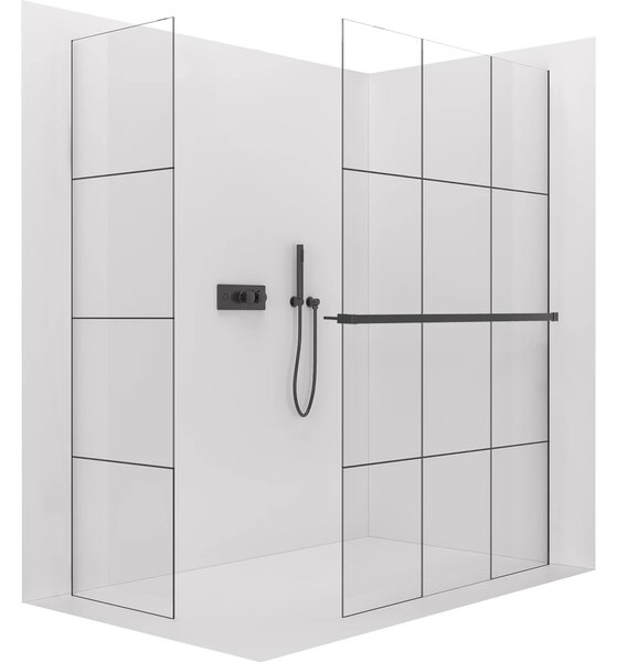 CERANO - Sprchová zástena Walk-in Crystal TL/P - 8 mm - bezvzperový systém + polička/držiak na uteráky - čierna matná, industriálne sklo - 90x90x200 …