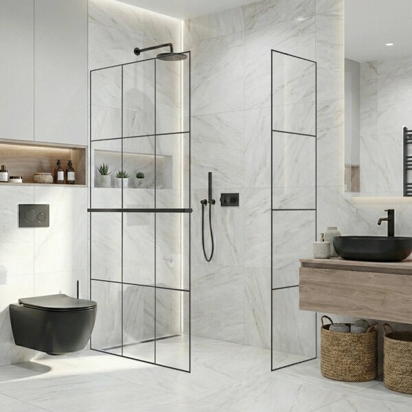 CERANO - Sprchová zástena Walk-in Crystal TL/P - 8 mm - bezvzperový systém + polička/držiak na uteráky - čierna matná, industriálne sklo - 90x90x200 …