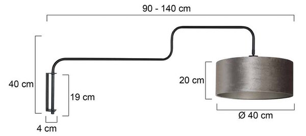 Nástenné svetlo Bloeba, čierna/strieborná, výška 140 cm, velúr, Čierna, Obývacia izba / jedáleň, kov, Moderný, Nástenné svietidlo