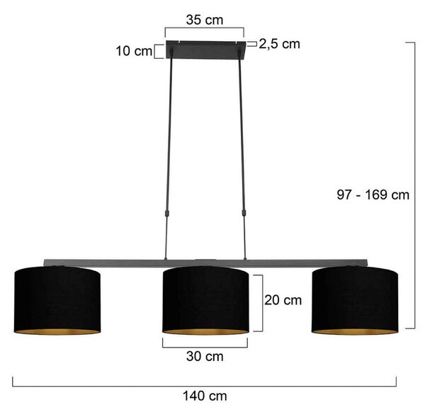 Závesné svietidlo Stang, čierna/čierno-zlatá, dĺžka 140 cm, 3-pl., Čierna, Obývacia izba / jedáleň, kov, Moderný, Závesné svietidlo