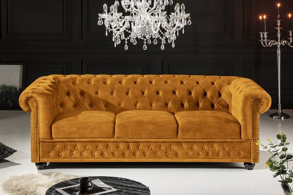 Dizajnová trojsedačka Chesterfield 205 cm horčicový zamat