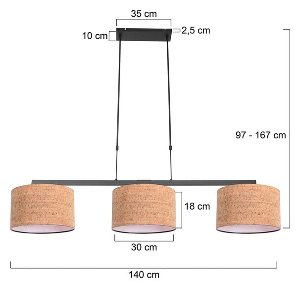 Závesné svietidlo Stang, čierna/hnedá, dĺžka 140 cm, korok, 3-pl., Čierna, Obývacia izba / jedáleň, kov, Moderný, Závesné svietidlo