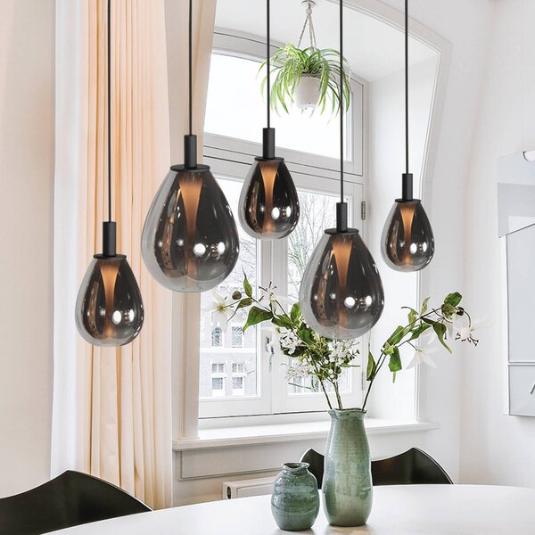 LED závesné svietidlo Glimsy, 115 cm čierne/dymovošedé sklo, 5-pl., Hliník / sivá / zinok, Obývacia izba / jedáleň, Sklo, Závesné svietidlo