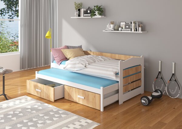 Detská posteľ TIARRO + 2x matrac, 90x200/90x190, biela/dub zlatý