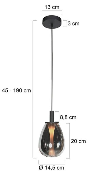 LED závesné svietidlo Glimsy, Ø 14 cm, čierna/dymovo sivá, sklo, Hliník / sivá / zinok, Obývacia izba / jedáleň, Sklo, Závesné svietidlo