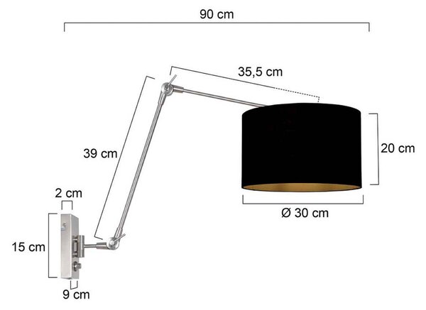 Nástenné svetlo Prestige Chic oceľ/čierna-zlatá, výška 90 cm, Hliník / sivá / zinok, Obývacia izba / jedáleň, kov, Nástenné svietidlo