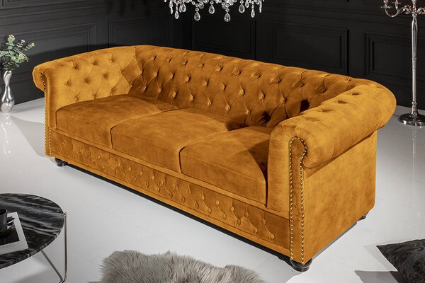 Dizajnová trojsedačka Chesterfield 205 cm horčicový zamat