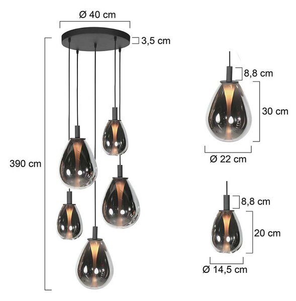 LED závesné svietidlo Glimsy, Ø 40 cm čierna/dymovo sivá sklenená 5-pl., Hliník / sivá / zinok, Obývacia izba / jedáleň, Sklo, Závesné svietidlo