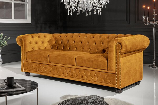 Dizajnová trojsedačka Chesterfield 205 cm horčicový zamat