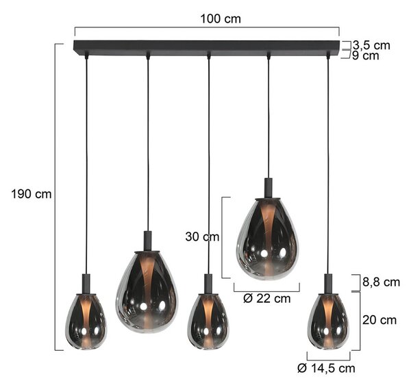 LED závesné svietidlo Glimsy, 115 cm čierne/dymovošedé sklo, 5-pl., Hliník / sivá / zinok, Obývacia izba / jedáleň, Sklo, Závesné svietidlo