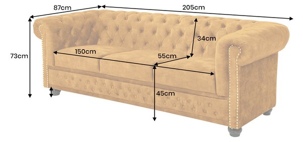 Dizajnová trojsedačka Chesterfield 205 cm horčicový zamat