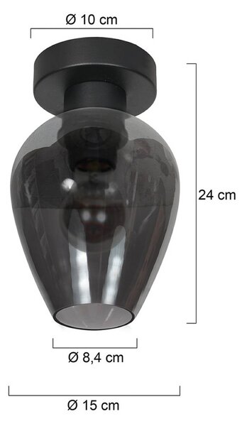 Stropné svietidlo Bloeba, čierna/dymovo sivá, Ø 15 cm, sklenená kvapka, Hliník / sivá / zinok, Obývacia izba / jedáleň, Sklo, Stropné svetlo polkruhové s priestorom