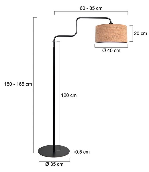 Stojacia lampa Bloeba, čierna/hnedá, výška 165 cm, korok, Hnedá / hrdzavá, Obývacia izba / jedáleň, kov, Moderný, Stojaca lampa