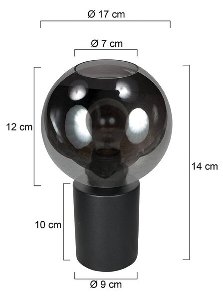 Stolová lampa Bloeba, čierna/dymovo sivá, Ø 17 cm, sklenená guľa, Hliník / sivá / zinok, Obývacia izba / jedáleň, Sklo, Stojacie svietidlo