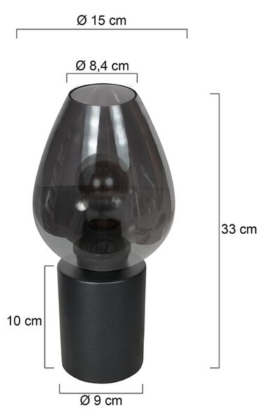 Stolová lampa Bloeba, čierna/dymovo sivá, Ø 15 cm, sklenená kvapka, Hliník / sivá / zinok, Obývacia izba / jedáleň, Sklo, Stojacie svietidlo