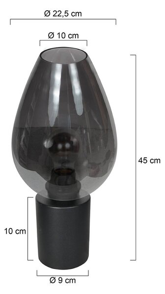 Stolová lampa Bloeba, čierna/dymovo sivá, Ø 22 cm, sklenená kvapka, Hliník / sivá / zinok, Obývacia izba / jedáleň, Sklo, Stojacie svietidlo