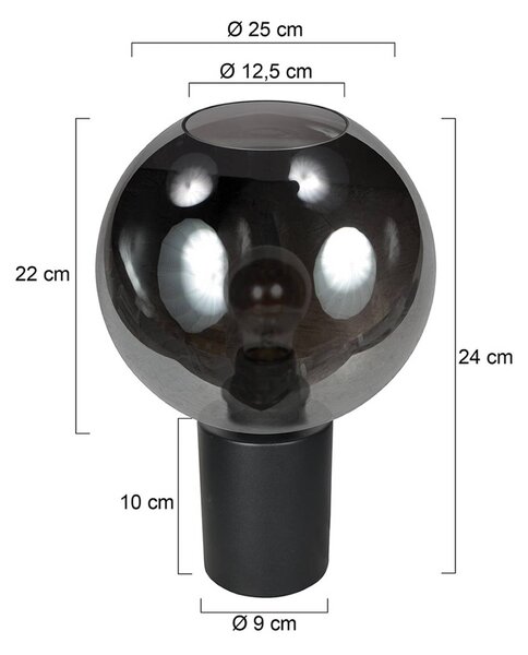Stolová lampa Bloeba, čierna/dymovo sivá, Ø 25 cm, sklenená guľa, Hliník / sivá / zinok, Obývacia izba / jedáleň, Sklo, Stojacie svietidlo