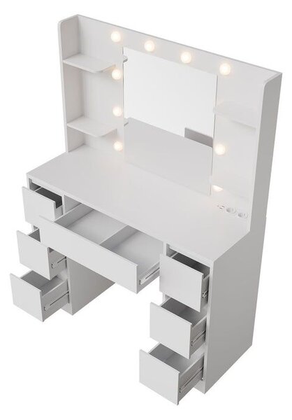 Toaletný stolík s LED zrkadlom a 7 zásuvkami, biely