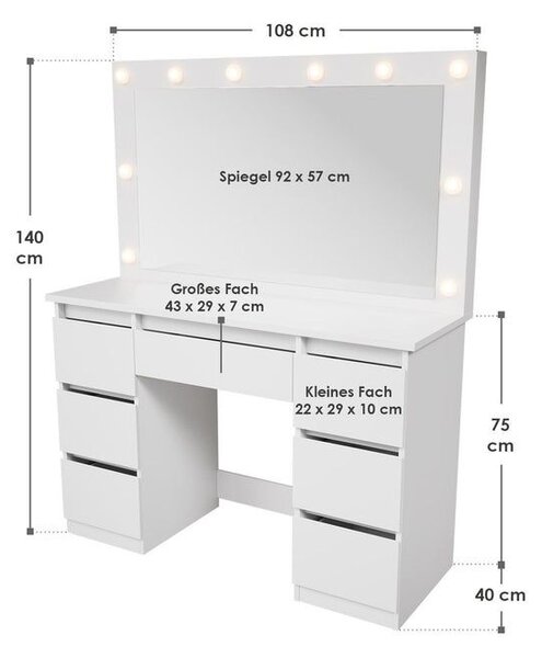 Toaletný stolík s LED zrkadlom a 7 zásuvkami, biely