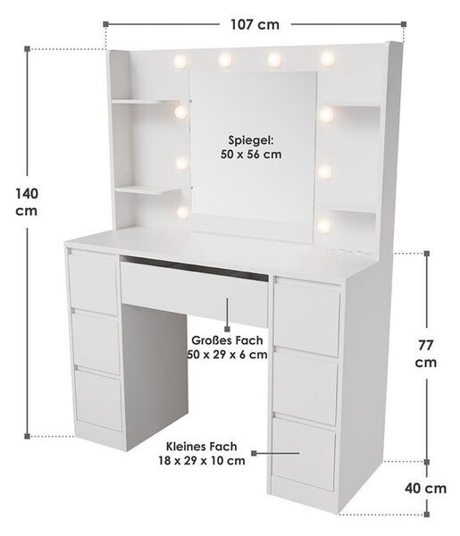 Toaletný stolík s LED zrkadlom a 7 zásuvkami, biely