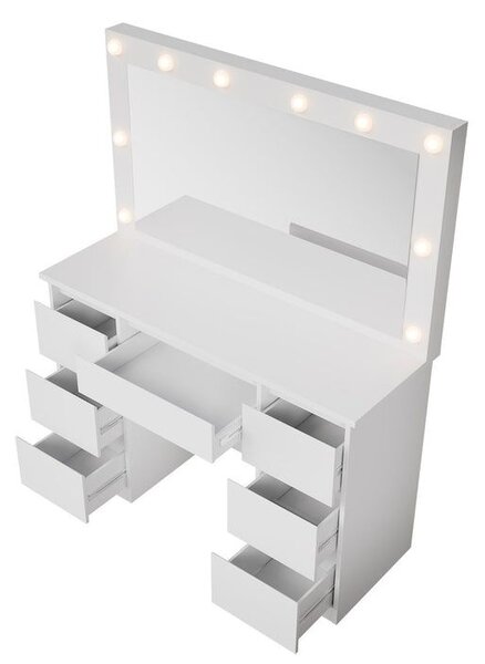 Toaletný stolík s LED zrkadlom a 7 zásuvkami, biely