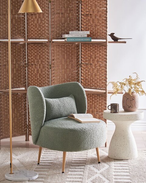 Kreslo zelené buklé čalúnenie svetlé drevené nohy zaoblené operadlo retro glamour art deco štýl obývačka spálňa