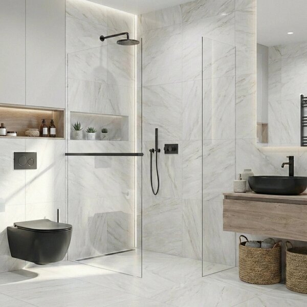 CERANO - Sprchová zástena Walk-in Crystal TL/P - 8 mm - bezvzperový systém + polička/držiak na uteráky - čierna matná, transparentné sklo - 80x60x200…