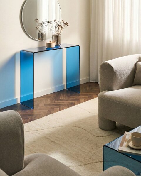 Konzolový stolík modrý priehľadné tvrdené sklo 90 x 30 cm minimalistický obdĺžnikový moderný